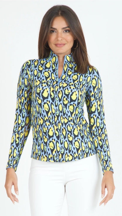 $100 Ibkul Women’s Long Sleeve Zip Mock Neck Top-Gemma Peri Multi -Large -New