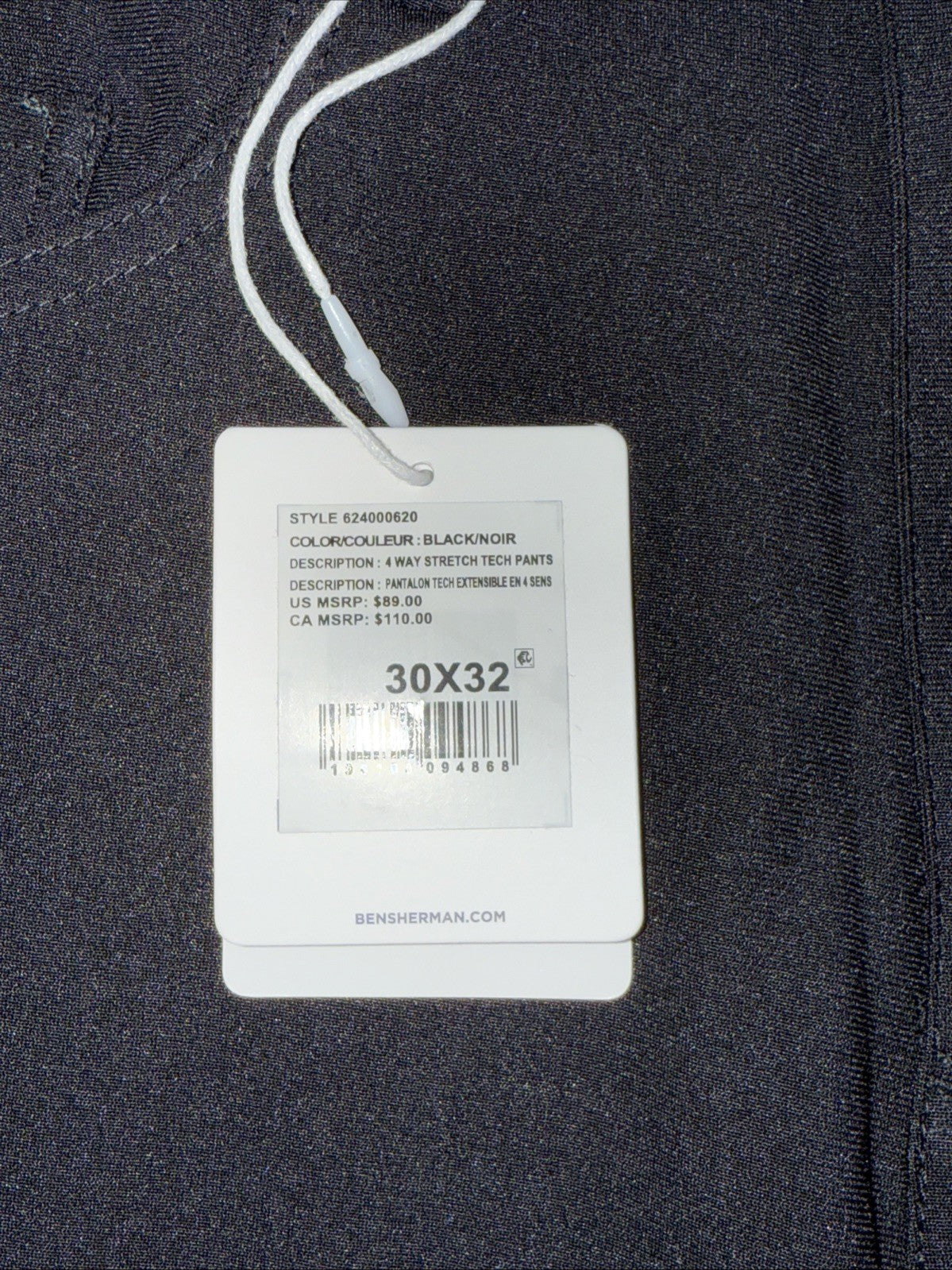 $89 Ben Sherman Men’s 4 Way Stretch Tech Pants- Black- 30W x 32L - New with tag