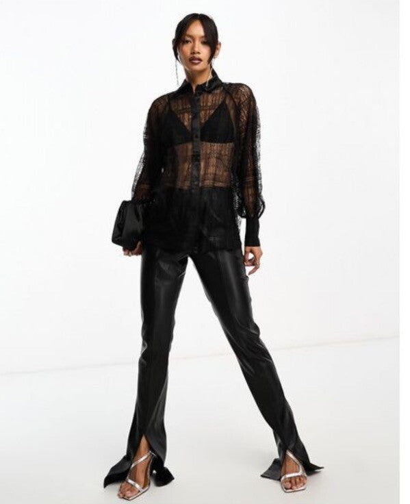 $269 ALLSAINTS "Oana" Black Sheer Lace Relaxed Button Up Shirt Blouse-Sz 4- NWT