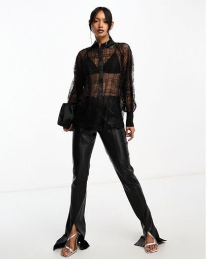 $269 ALLSAINTS "Oana" Black Sheer Lace Relaxed Button Up Shirt Blouse-Sz 4- NWT