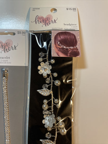 Combo Lot 4 PCs Studio His & Hers WEDDING Set: Earrings- Headpiece- Bracelets