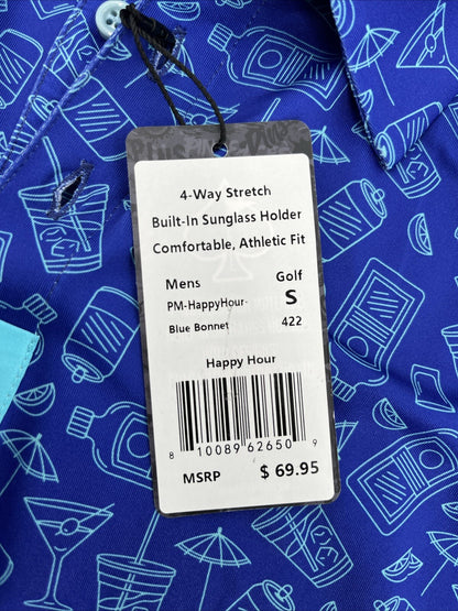 $70 Pins & Aces Men’s Happy Hour Performance Stretch Polo-Blue Bonnet-Small-New