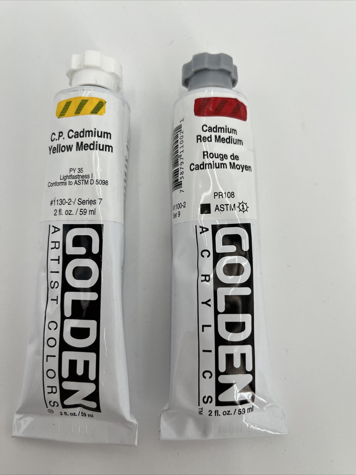 Lot 2-GOLDEN Artist C.P Cadmium Red Medium,Yellow Med,Ser. 9 Acrylic Paint 2 oz