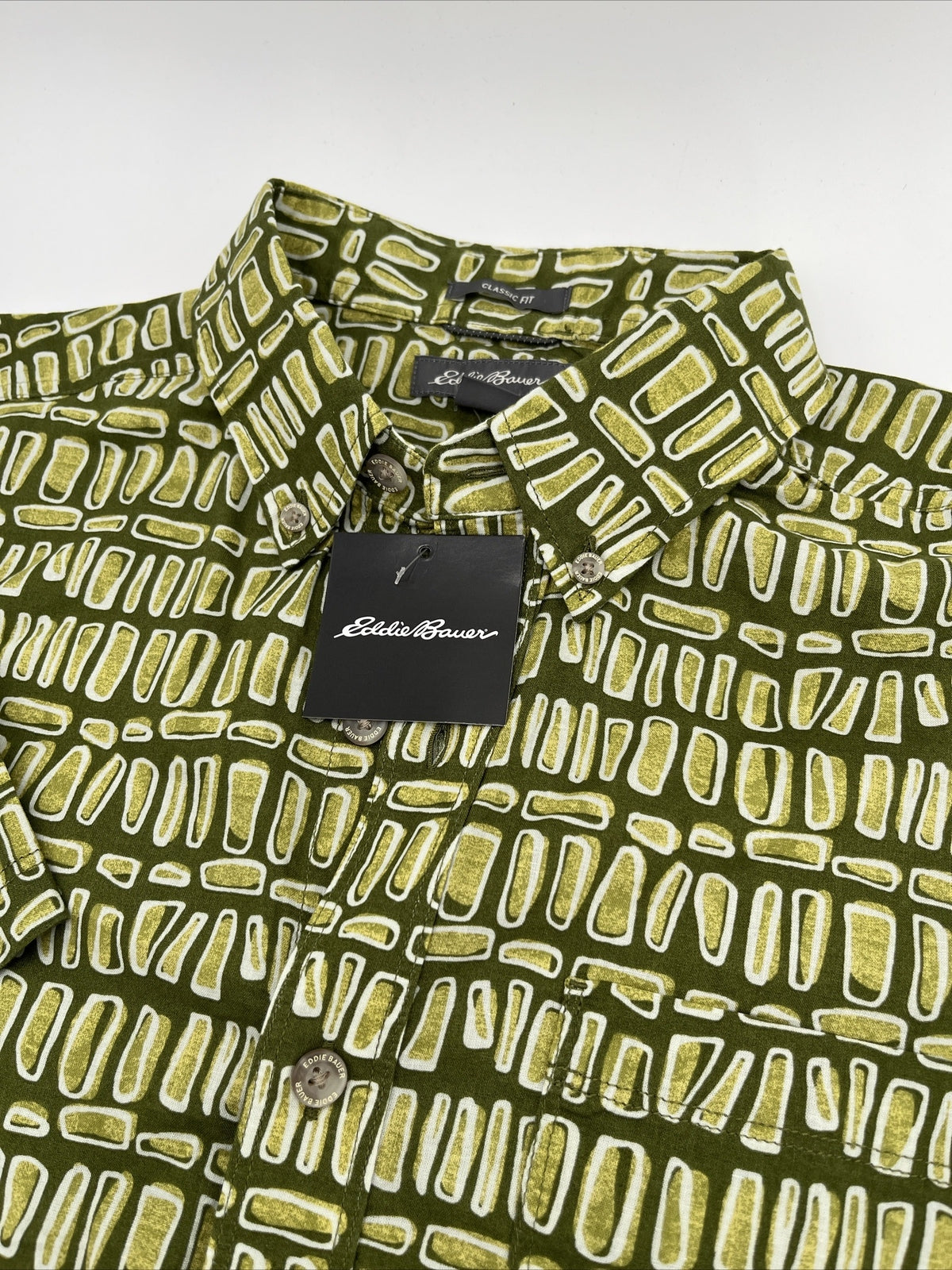 Eddie Bauer Men's Baja Print Camping Short Sleeve Shirt-Olive Green-Medium-New