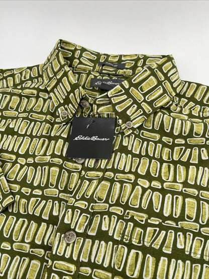 Eddie Bauer Men's Baja Print Camping Short Sleeve Shirt-Olive Green-Medium-New