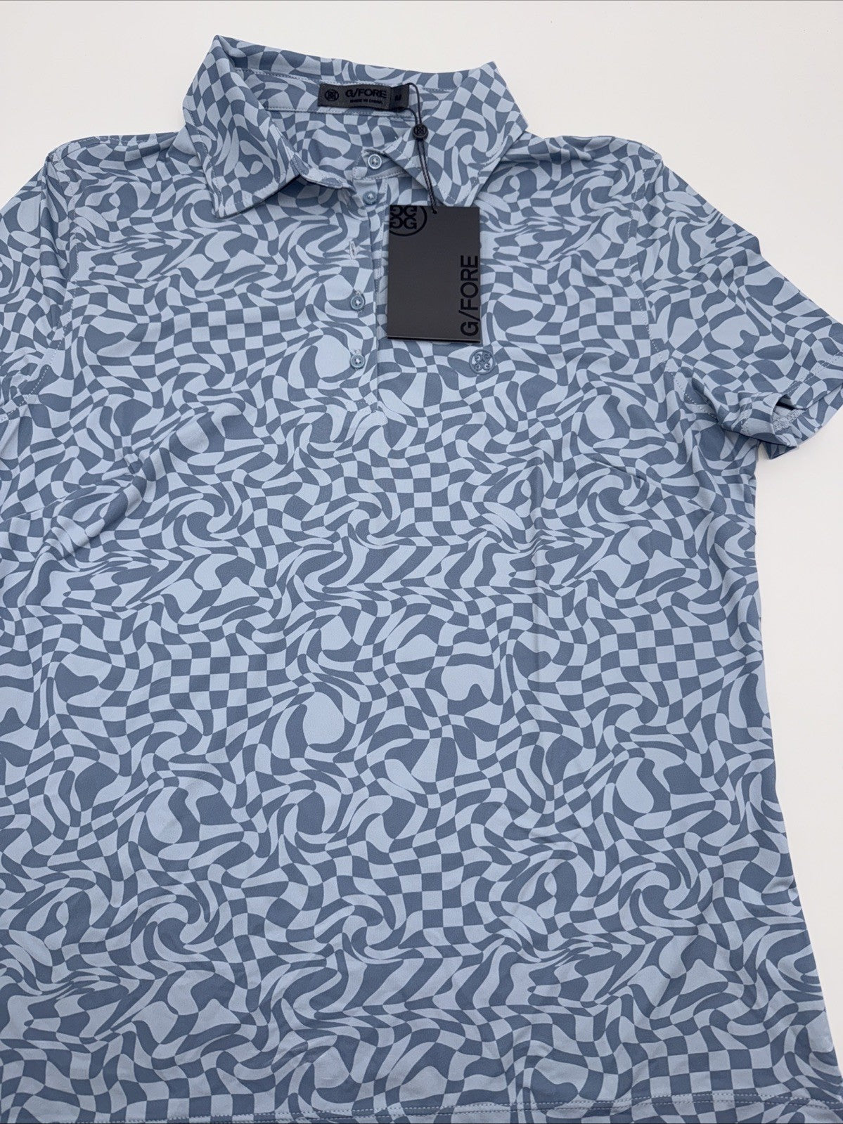 $125 G/Fore Women's Distorted Check Silky Tech Nylon Golf Polo-Fjord-Medium -New