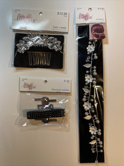 Combo Lot 3 PCs Studio His & Hers WEDDING Set: Hair Comb - Headpiece- Bracelet