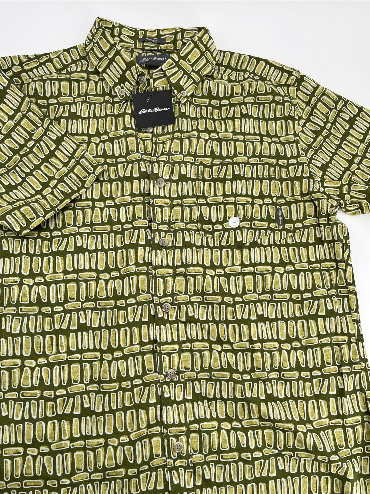 Eddie Bauer Men's Baja Print Camping Short Sleeve Shirt-Olive Green-Medium-New