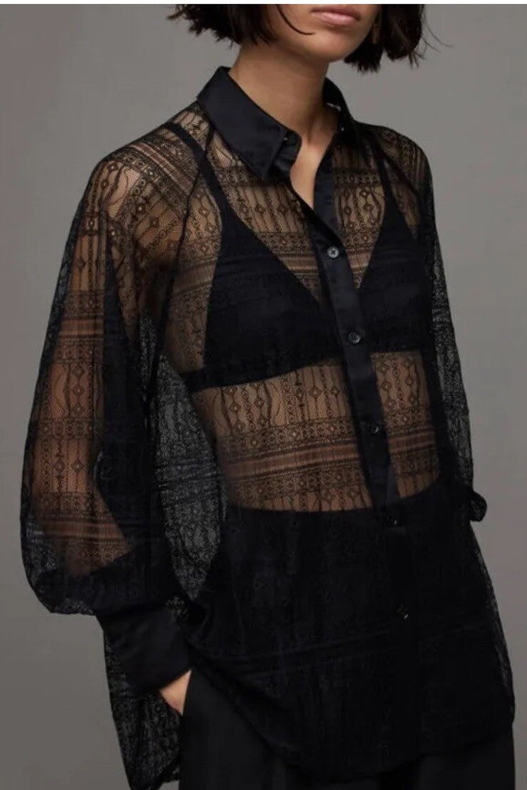 $269 ALLSAINTS "Oana" Black Sheer Lace Relaxed Button Up Shirt Blouse-Sz 4- NWT