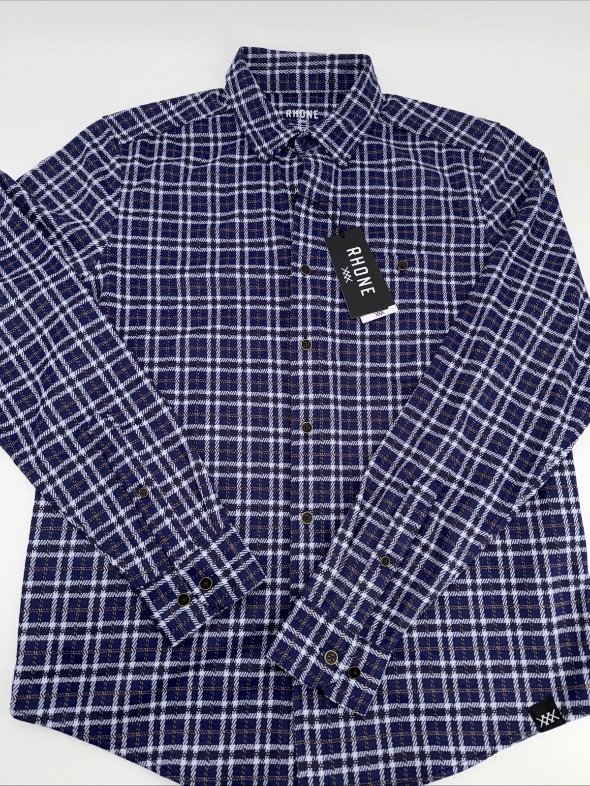 $158 Rhone Men’s Hardy Flannel Shirt Stretch- Blue White Plaids- Small -NEW Tag
