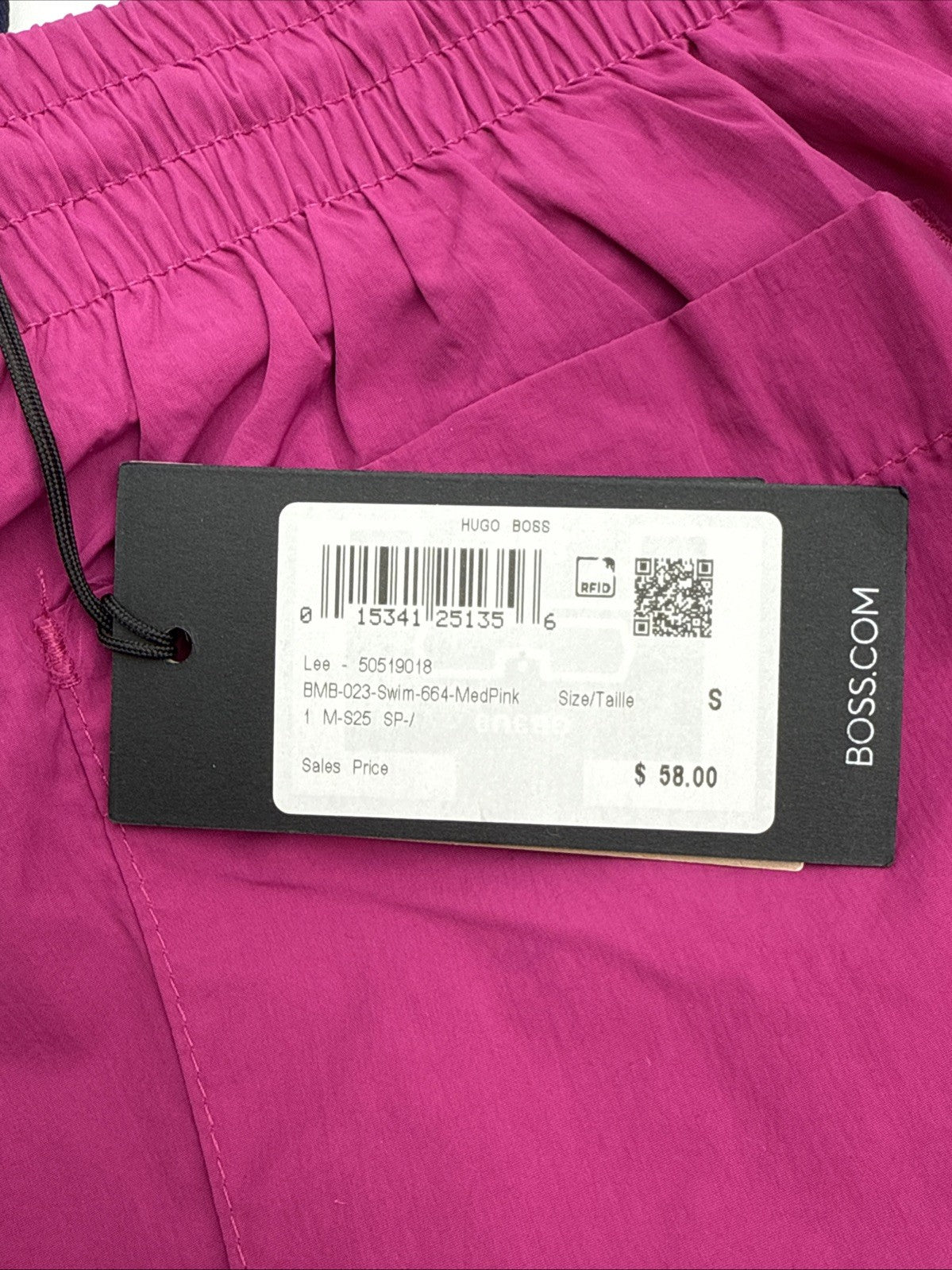 $58 Hugo Men’s- Boss/Hugo Men's Lee Drawstring Swim Trunks- Fuchsia -Small-New