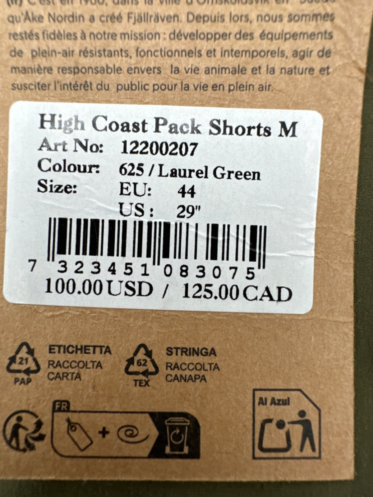 $100 FjallRaven Men’s High Coast Pack Shorts-Laurel Green -Size 29” (EU 44)-New