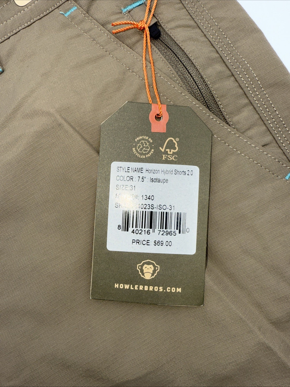 $69 Howler Bros Men's Horizon Hybrid Shorts 2.0 7.5" Inseam- Isotaupe- 31W - New