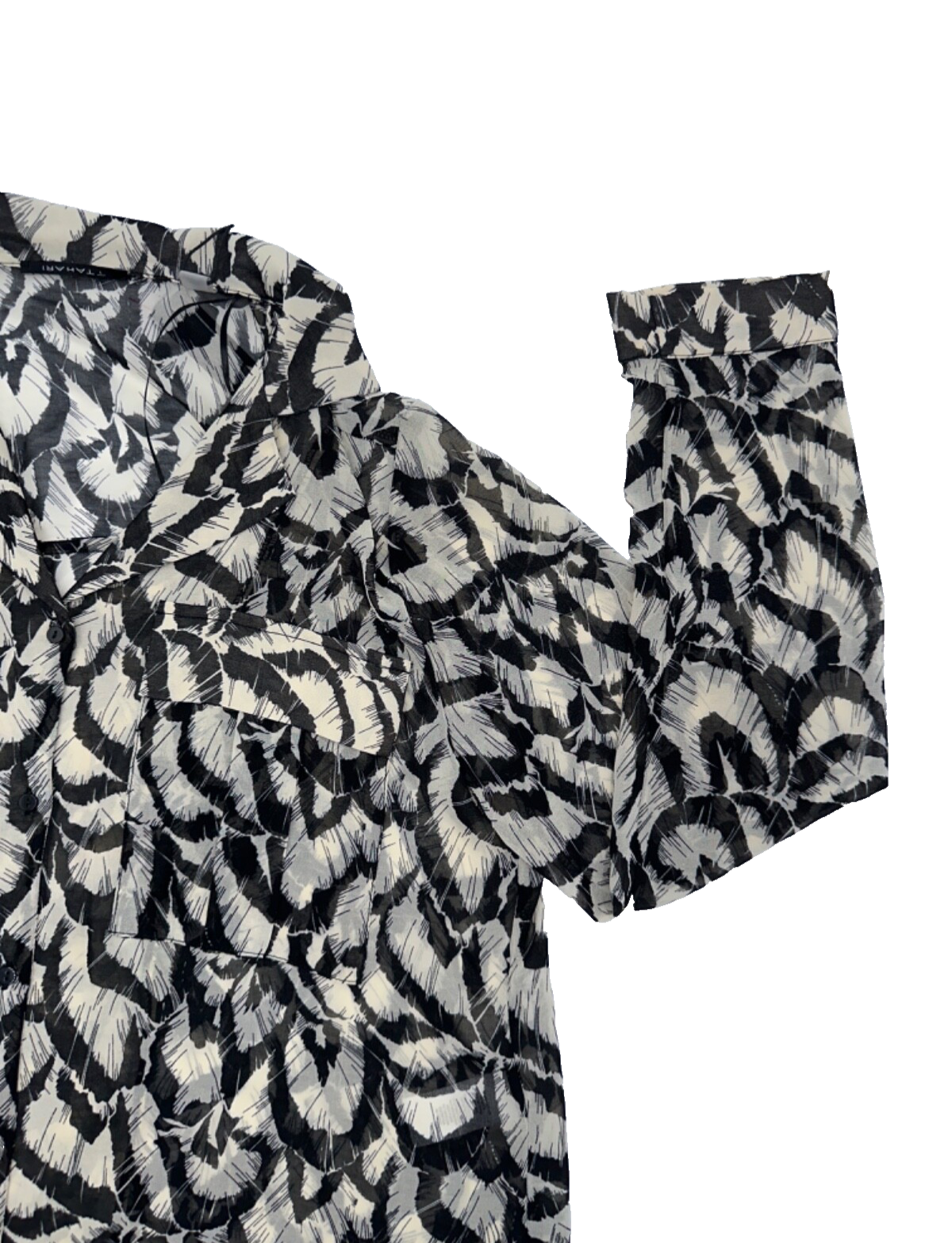 $88 T Tahari Women's Long Sleeve Feather Print Blouse - Black/Tan - Medium -New