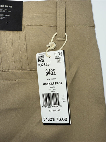 $70 Adidas Men’s Adi Advantage Flat Front Golf Pants- Hemp Beige - 34W 32L- New