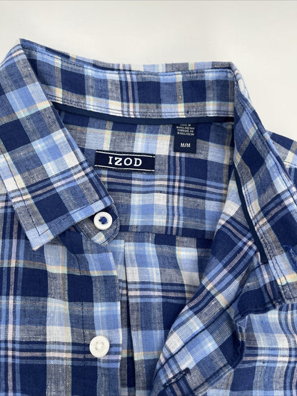 $50 Izod Men’s Linen Blend Madras SS Button Up Shirt-Twilight Blue Plaid-Medium