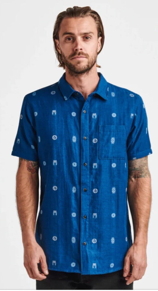 $75 Roark Men’s Journey Sunburst Button S/S Shirt-Dobby Indigo-Small-New Tag