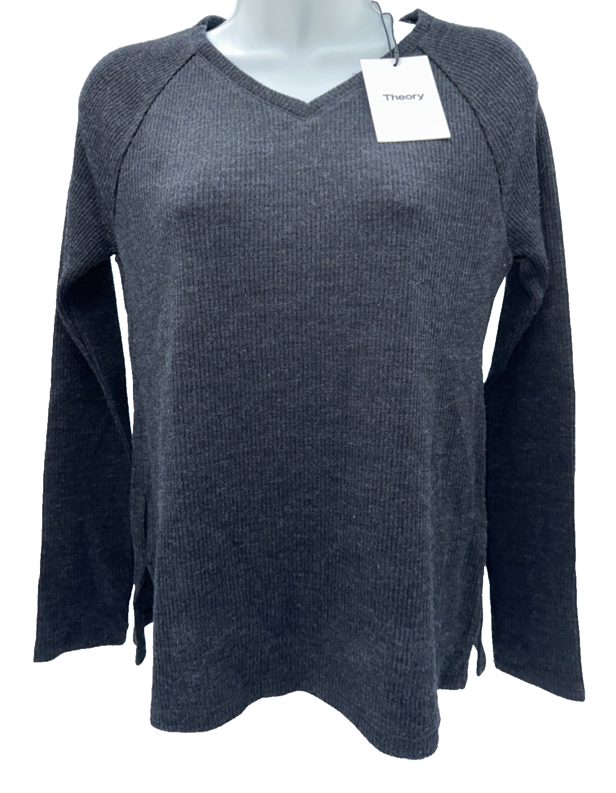 $215 Theory Women's Ranzini V Long Sleeve Rib Knit Sweater-Charcoal -Small-New