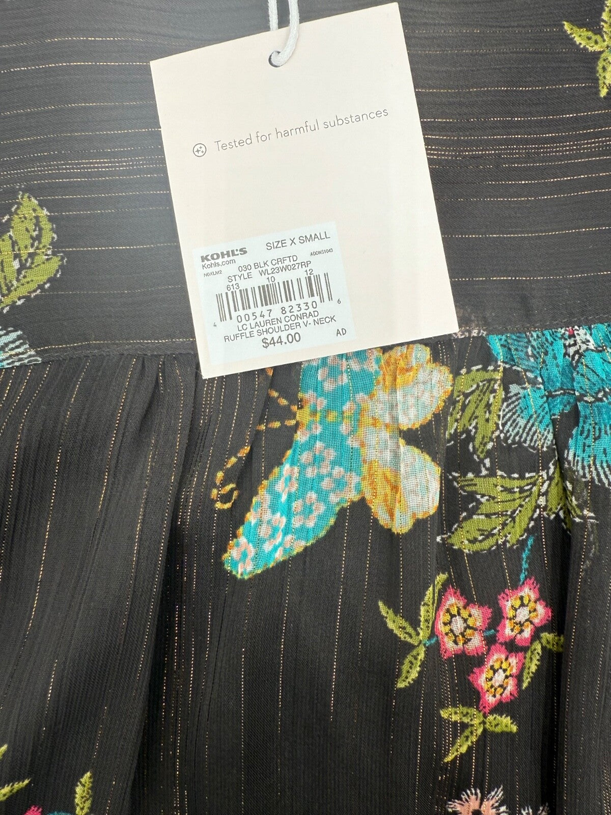 $44 Lauren Conrad Women’s-Ruffle Shoulder V-Neck Shirt -Black Floral-XSmall-New