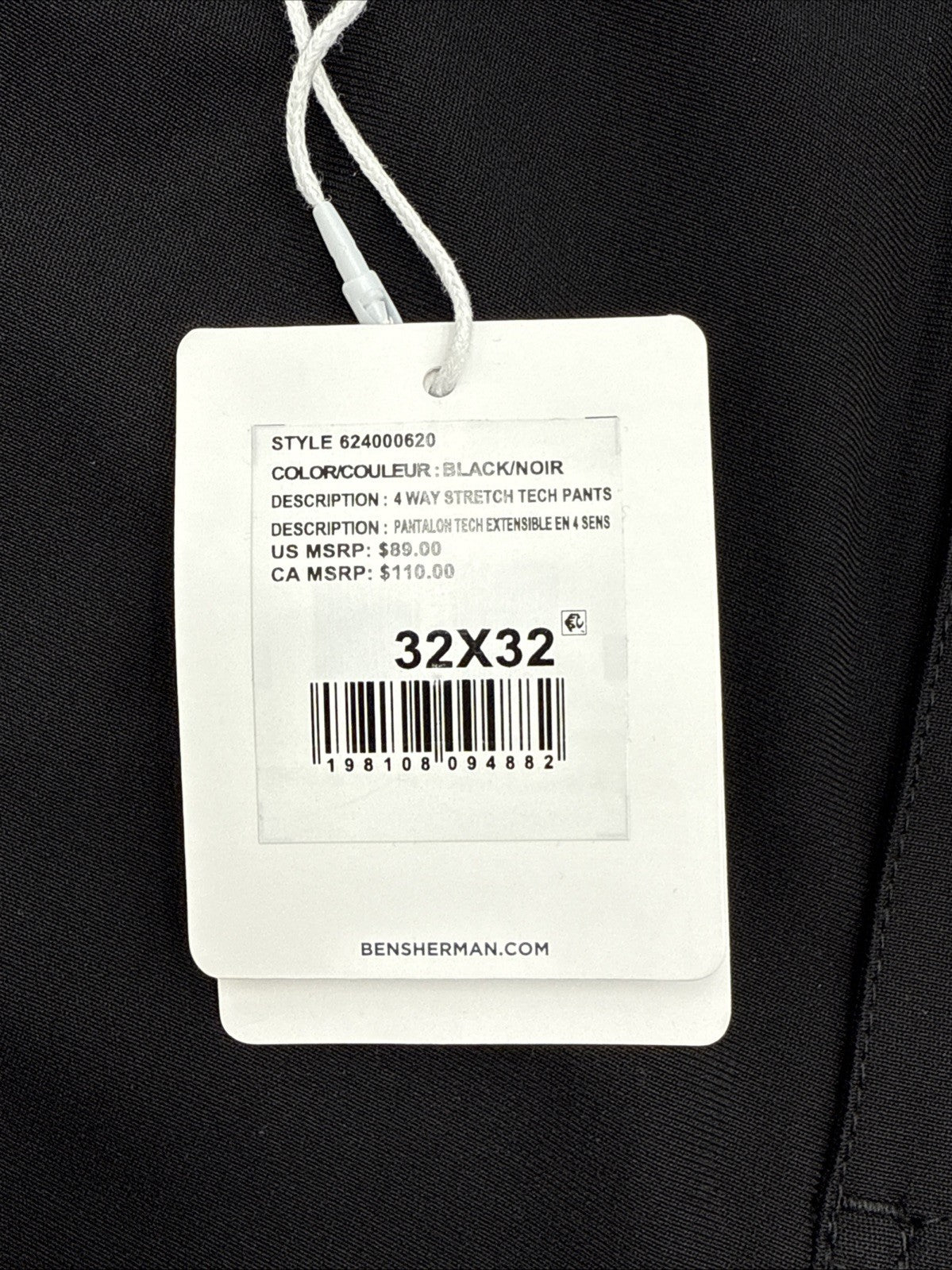 $89 Ben Sherman Men’s 4 Way Stretch Tech Pants- Black- 32W x 32L - New with tag