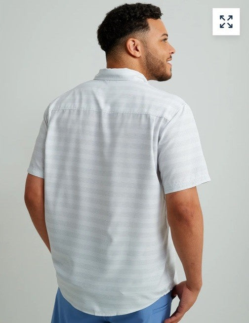 $60 Huk Men’s Kona Cross Dye Button up S/S Shirt- White Stripes- Small -New Tags