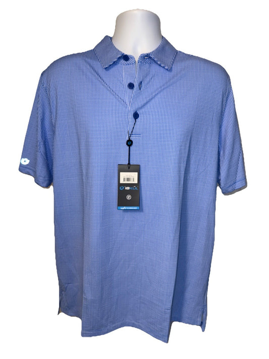 $100 IBKUL Men’s Short Sleeve Polo Mini Check UPF 50+ - Blue/White- Medium -New