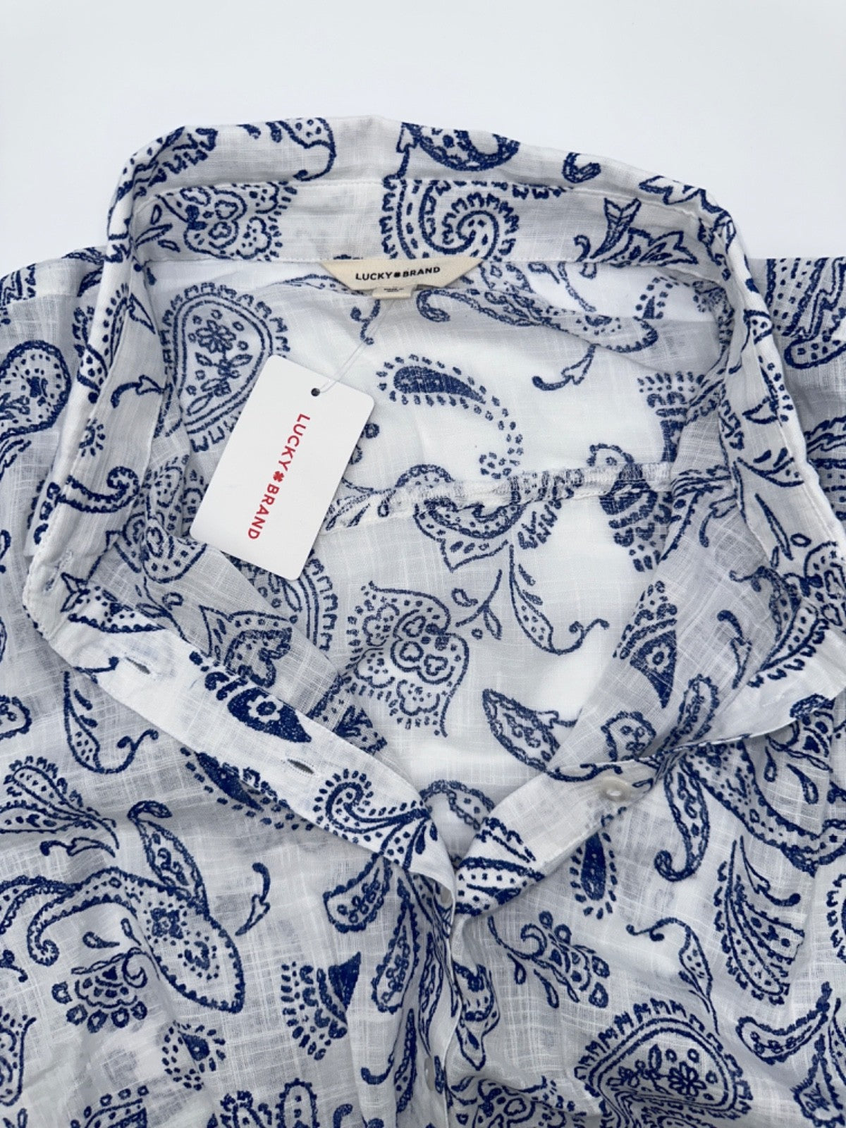 $90 Lucky Brand Women's Printed Tie Front Button Down Shirt-White/Blue-Large