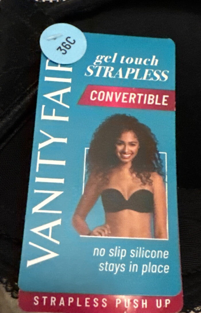 Vanity Fair Women’s Gel Touch Strapless Push Up Bra- Convert 5 Ways - Black- 36C