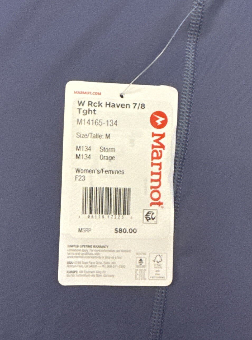 $80 Marmot Women's Rock Haven 7/8 Tights UPF 50- Storm- Medium - NWT
