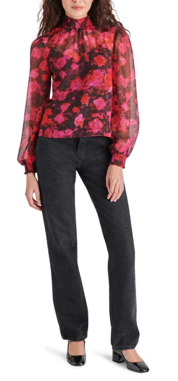 Steve Madden Women’s Floral Mock Neck Chiffon Top-Multi Pink-Small -NWT $69