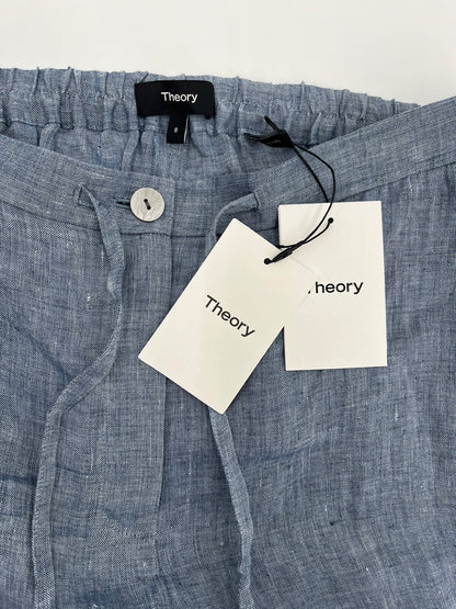 $275 Theory Women’s Wide Leg Cropped Chambray Drape Hemp Pants-Blue-Size: 8  New