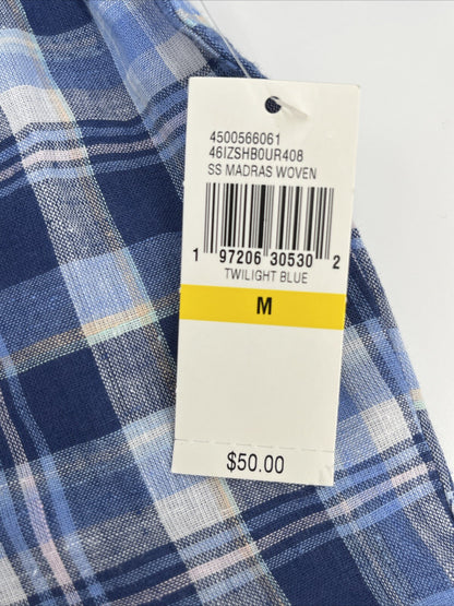 $50 Izod Men’s Linen Blend Madras SS Button Up Shirt-Twilight Blue Plaid-Medium