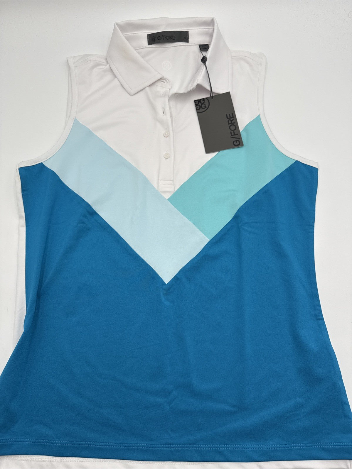 $110 G/Fore Tech Stretch Jersey Golf Sleeveless Polo -white/Blue- Small- New Tag