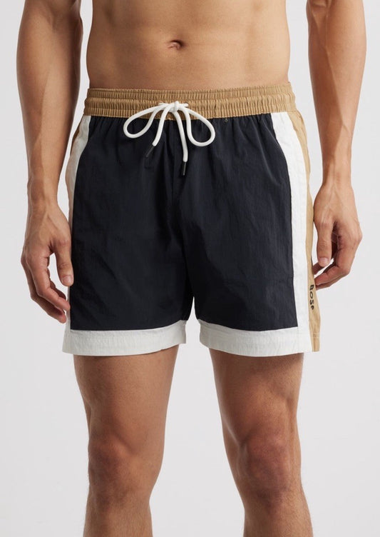 $68 Hugo Boss Men's Remy Colorblock Swim Trunks- Black Multi- Small-New Tag