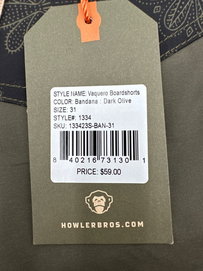 $60 Howler Brothers Men’s Los Vaqueros Boardshorts 8” - Dark Olive - Size 31-New