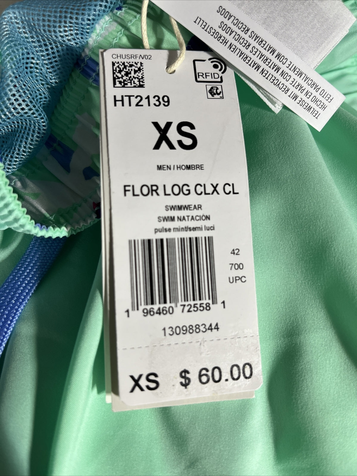 Adidas Swim Trunks Mens Floral Logo 9" Inseam Lined - Pulse Mint- XSmall - New