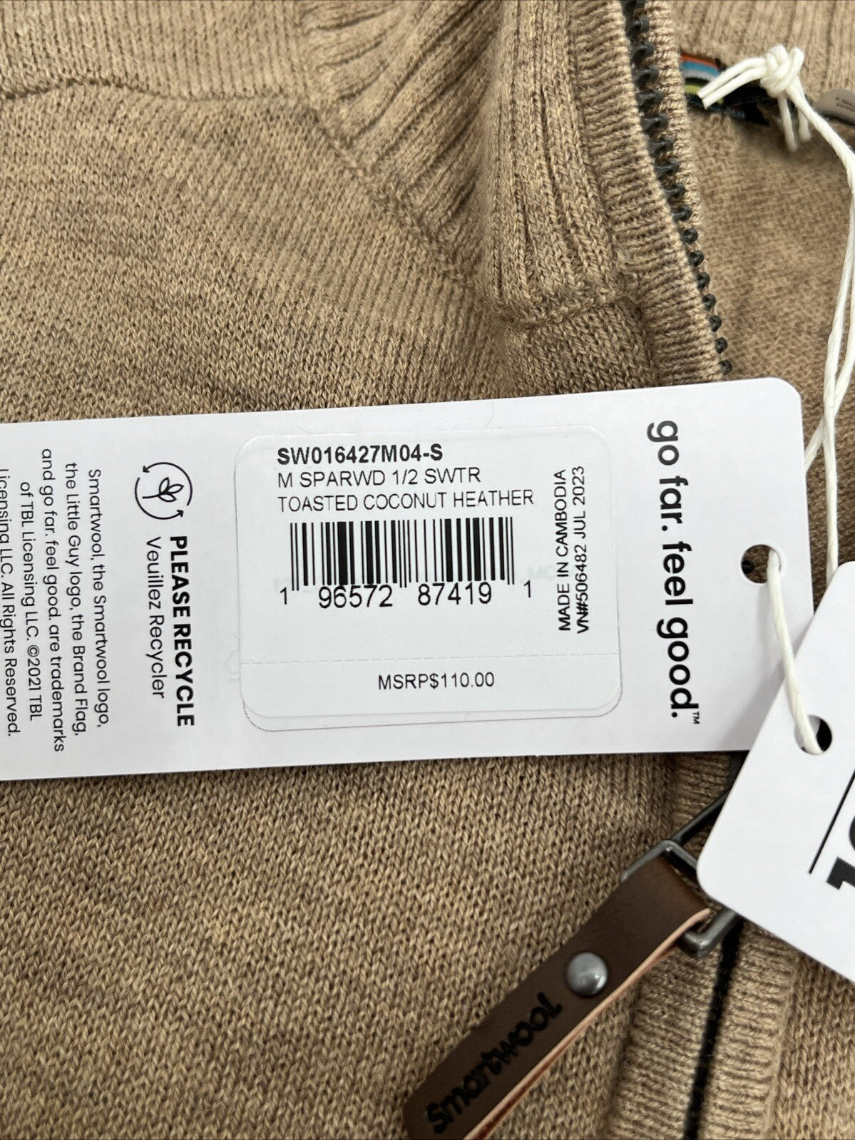 $110 Smartwool Men's Sparwood Zip-Neck Sweater-Toasted Coconut Heather-Small-New