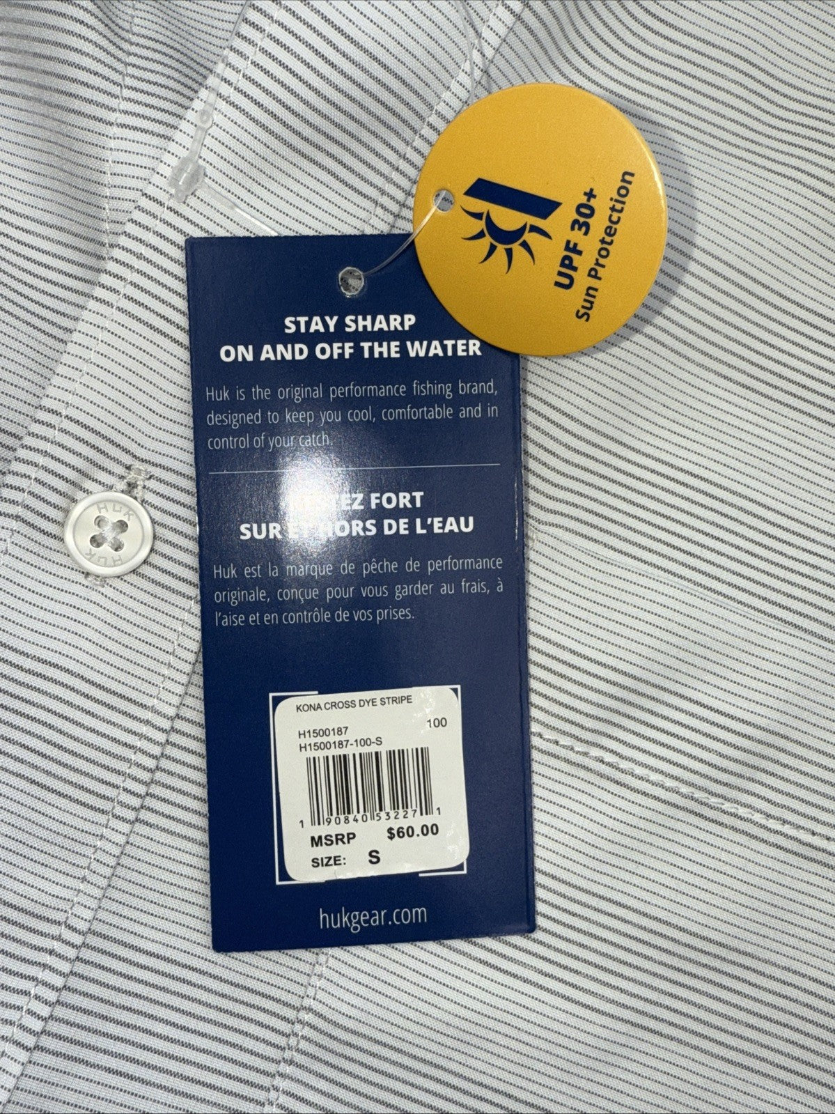 $60 Huk Men’s Kona Cross Dye Button up S/S Shirt- White Stripes- Small -New Tags