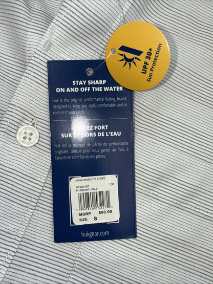 $60 Huk Men’s Kona Cross Dye Button up S/S Shirt- White Stripes- Small -New Tags