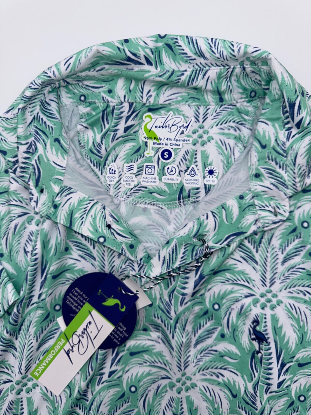 $80 TailerByrd Men's Palm Tree Print Performance Polo- Sea Foam - Small - New