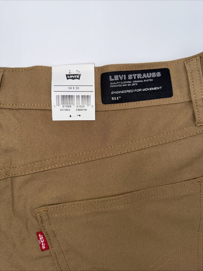 $70 Levi's Men's 511 Slim Tech Pants Stretch A92130010- Tan - 34W 30L - New Tag