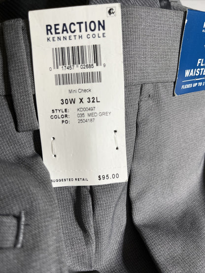 Kenneth Cole Reaction Pants Modern Fit Micro Check- Medium Gray- 30W X 32L- New
