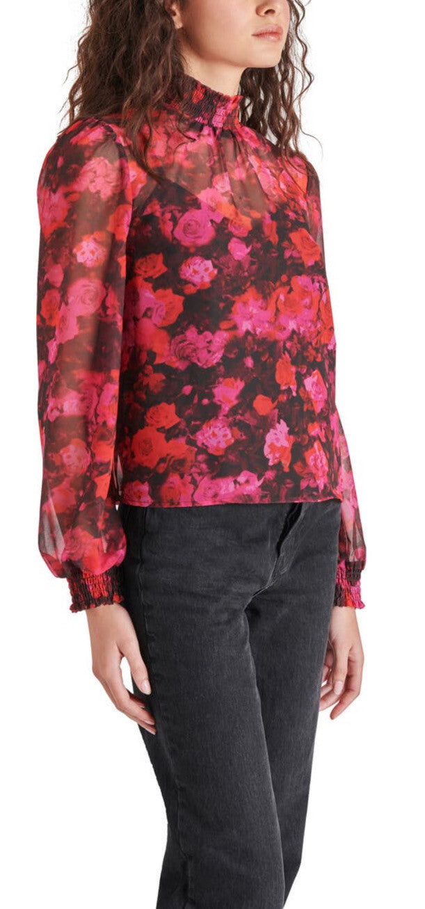 Steve Madden Women’s Floral Mock Neck Chiffon Top-Multi Pink-Small -NWT $69