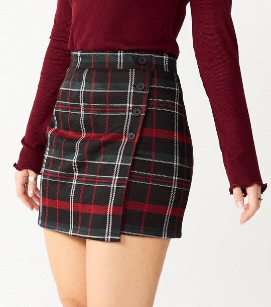 SO® Women’s Junior’s Side Buttoned Faux Wrap Mini Skirt -Red Black Green- Medium