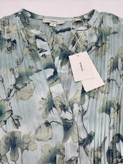 $295 Vince Women’s Floral Crushed Satin Blouse Shirt- Pale Lagoon-Small-New Tag