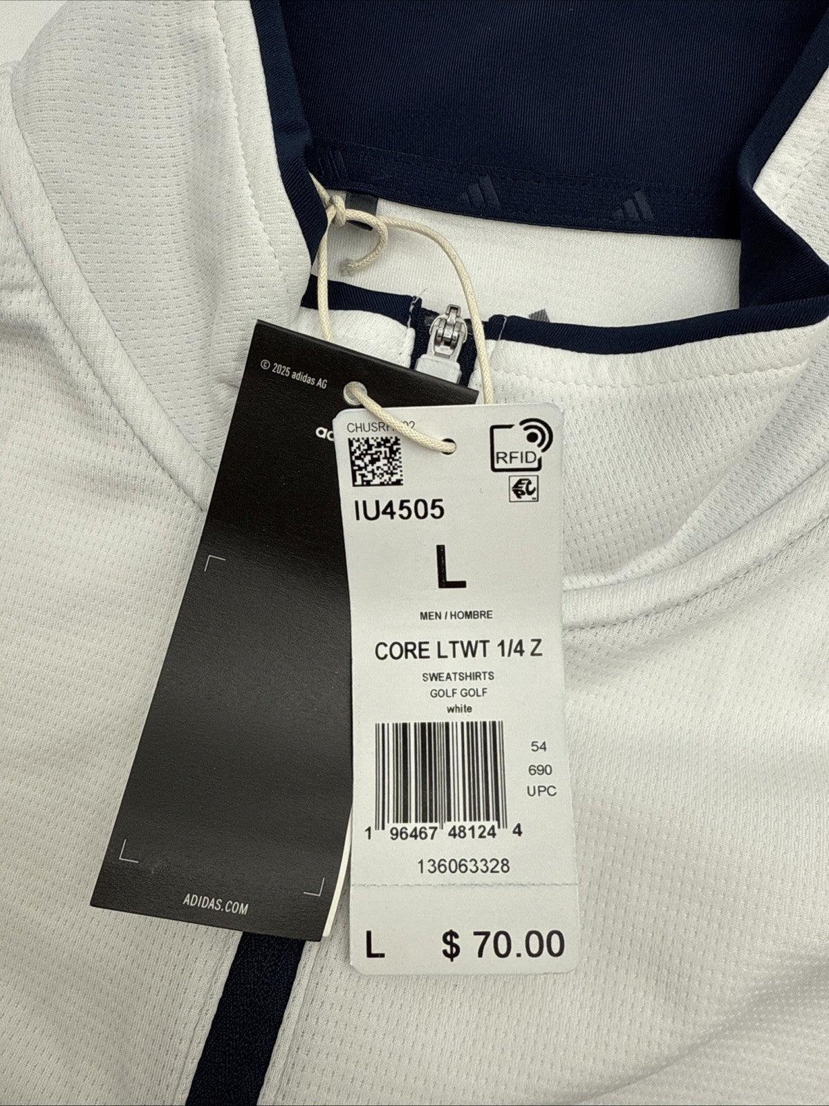 $70 Adidas Men’s Lightweight Half Zip Top - White - Large - New With Tags