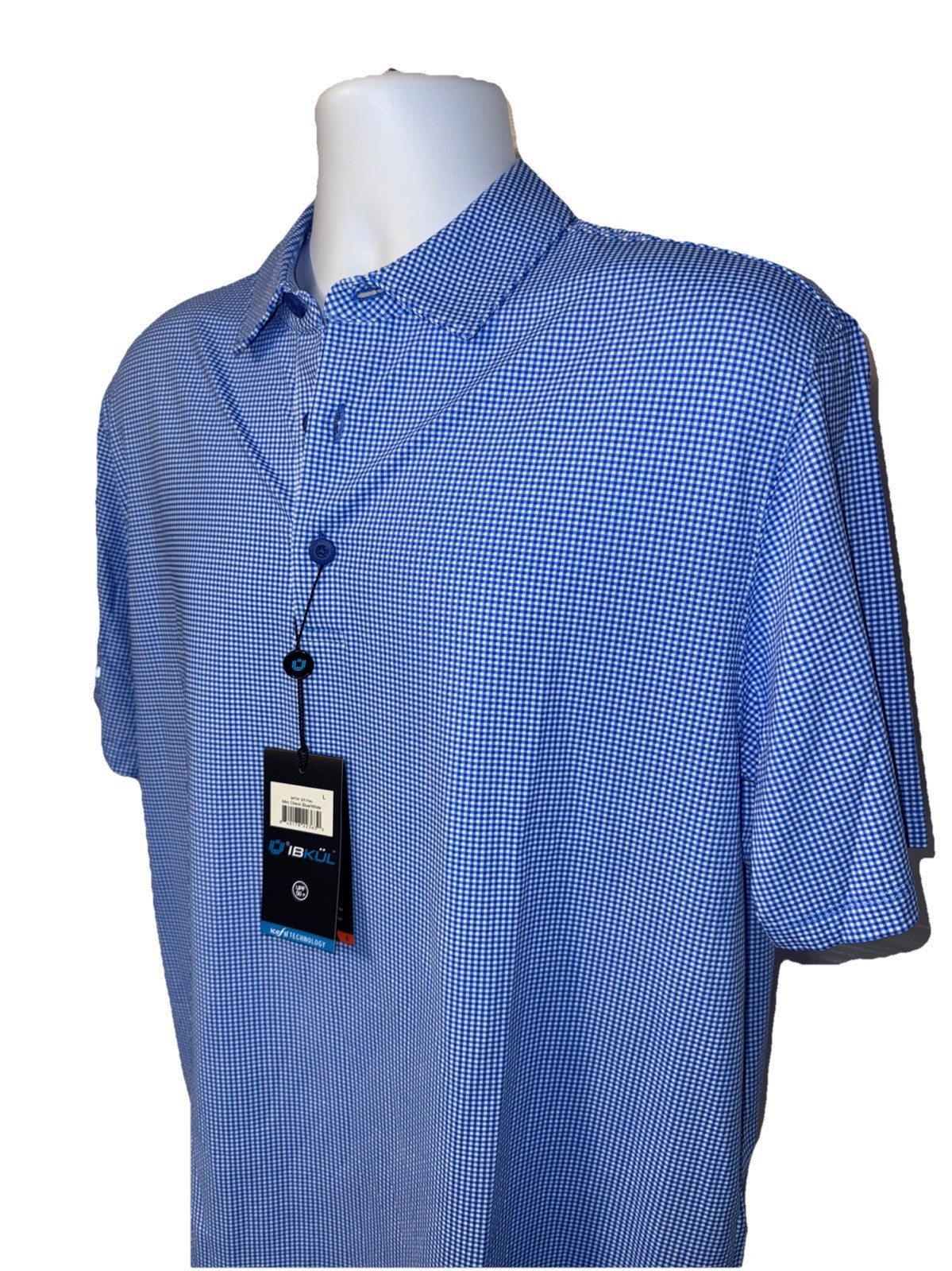 $100 IBKUL Men’s Short Sleeve Polo Mini Check UPF 50+ - Blue/White- Medium -New