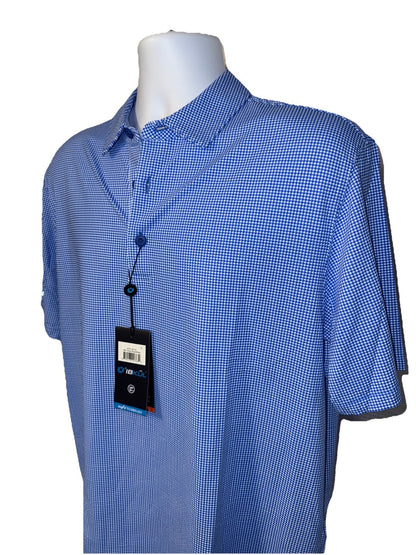 $100 IBKUL Men’s Short Sleeve Polo Mini Check UPF 50+ - Blue/White- Medium -New