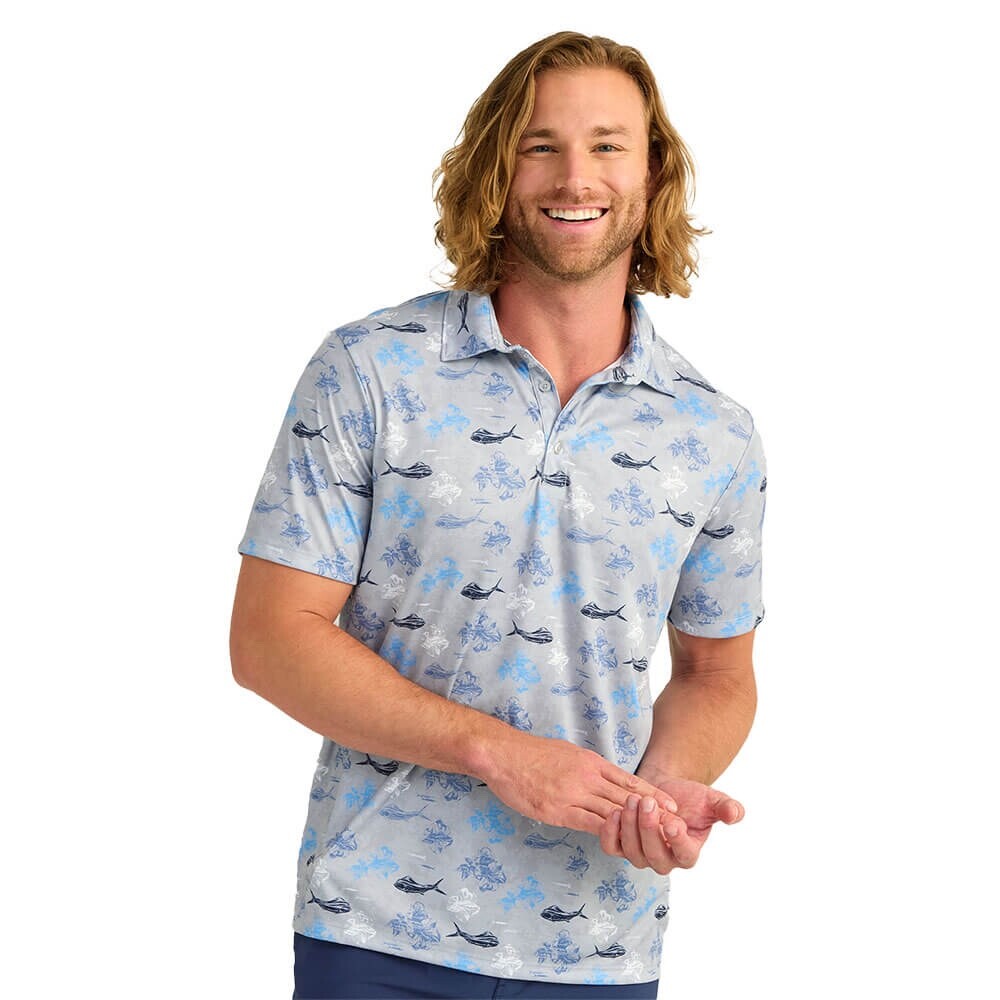 $55 Huk Men's KC Pursuit Printed Polo Shirt - Marolina Blue - Large - New Tag