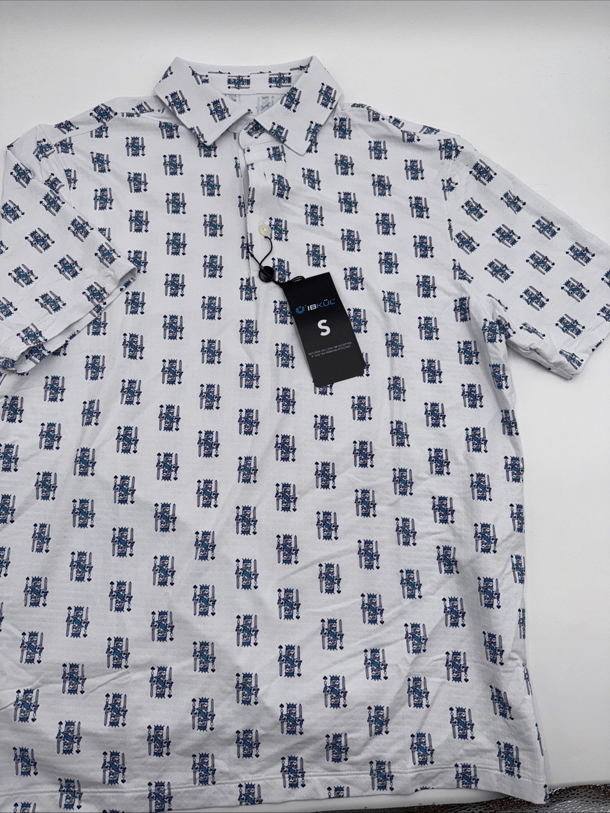 $100 IBKUL Men’s Short Sleeve Polo King Of Shapes Shirt-White/Blue- Small -New